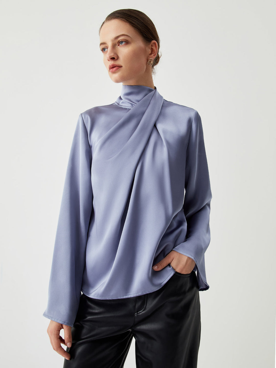 Asymmetric Pleated Turtleneck Satin Blouse