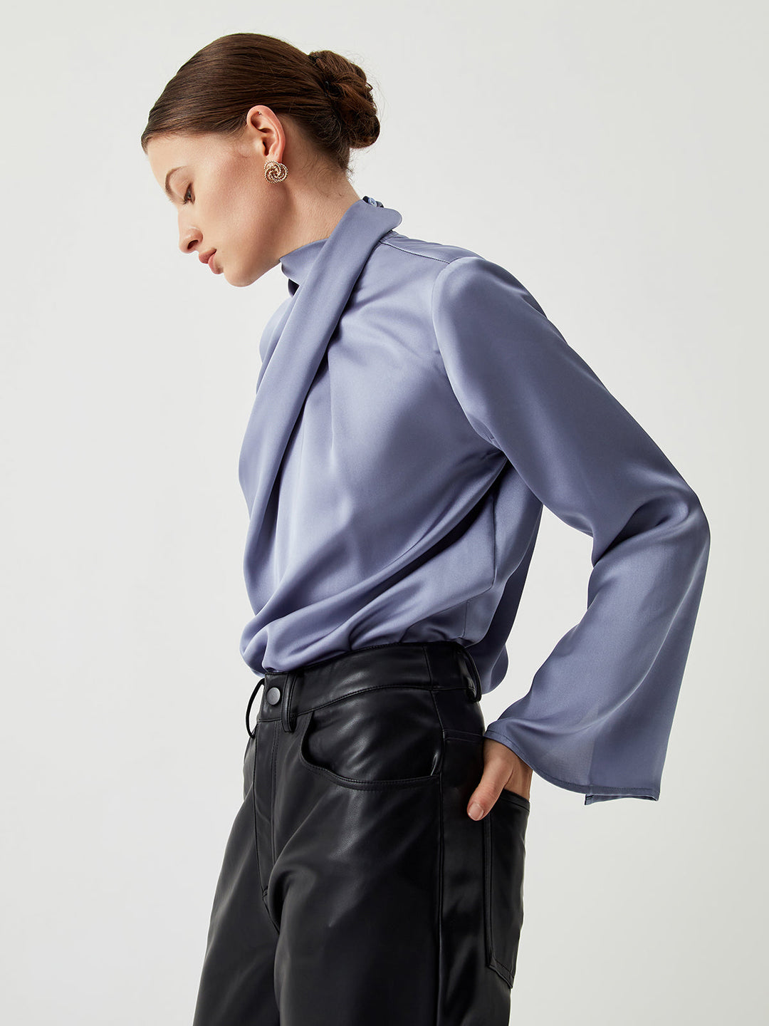 Asymmetric Pleated Turtleneck Satin Blouse