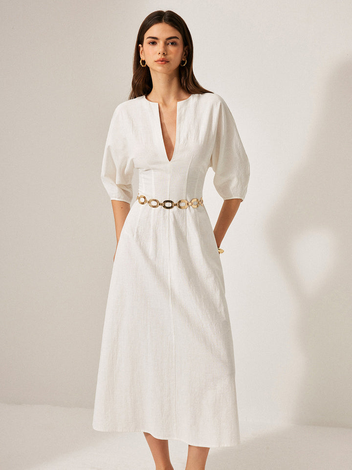 Cotton & Linen Puff Sleeve Dress Without Belt