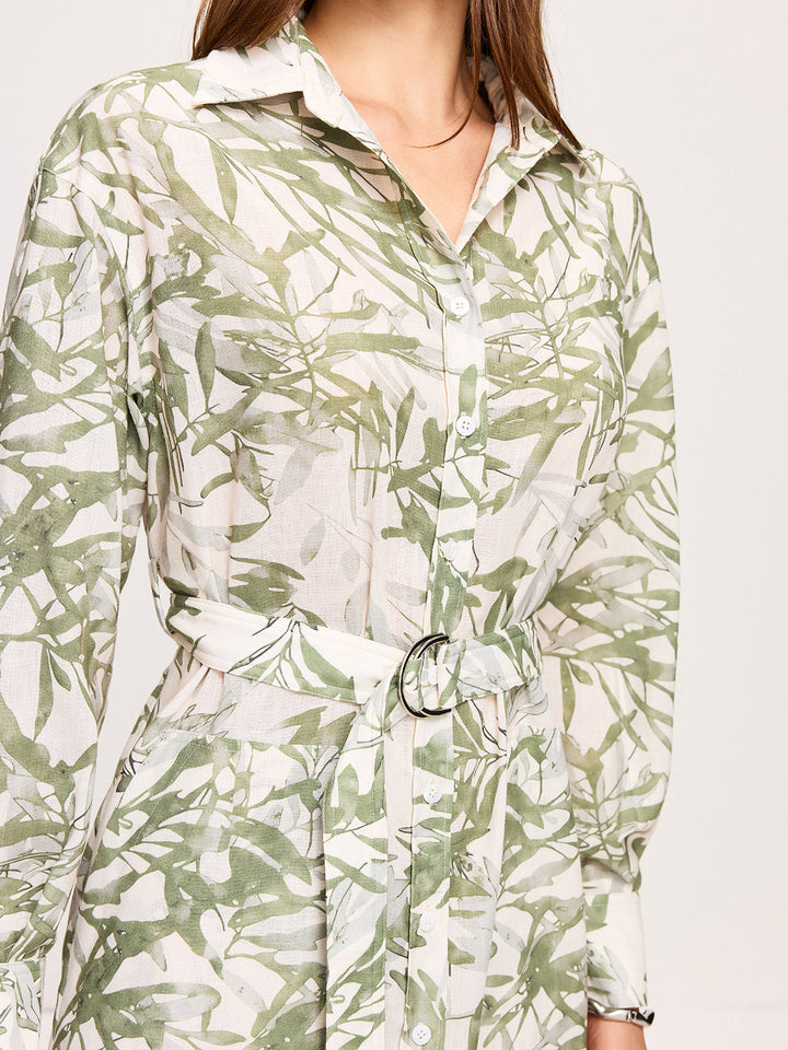 Leaf Printed  Belted Midi Dress with Slits