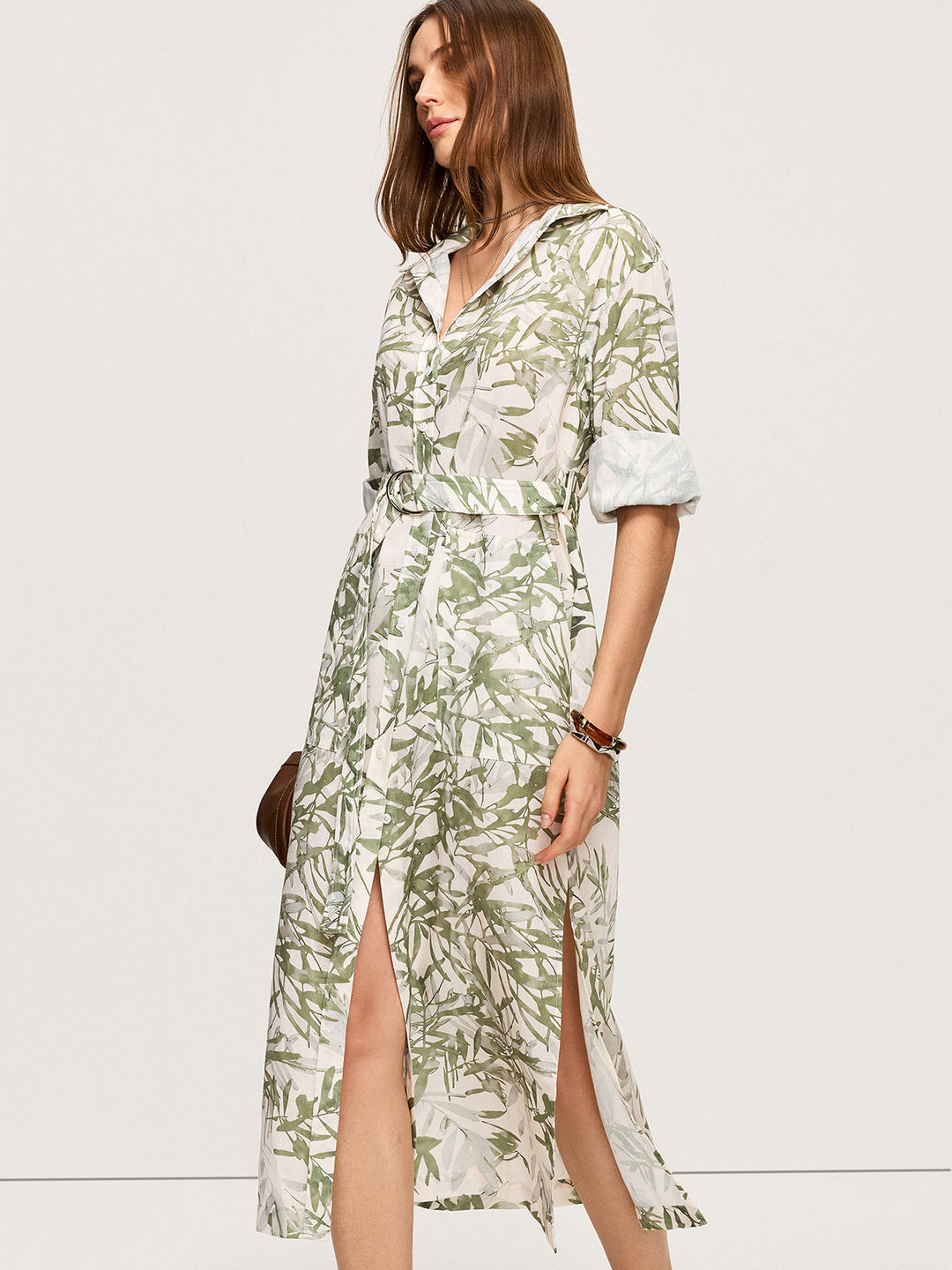 Leaf Printed  Belted Midi Dress with Slits