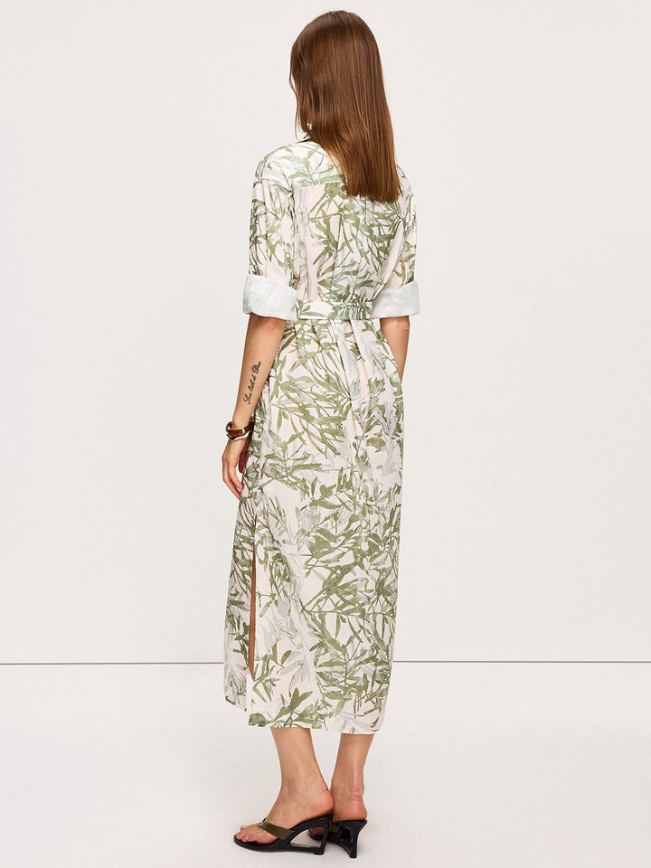 Leaf Printed  Belted Midi Dress with Slits