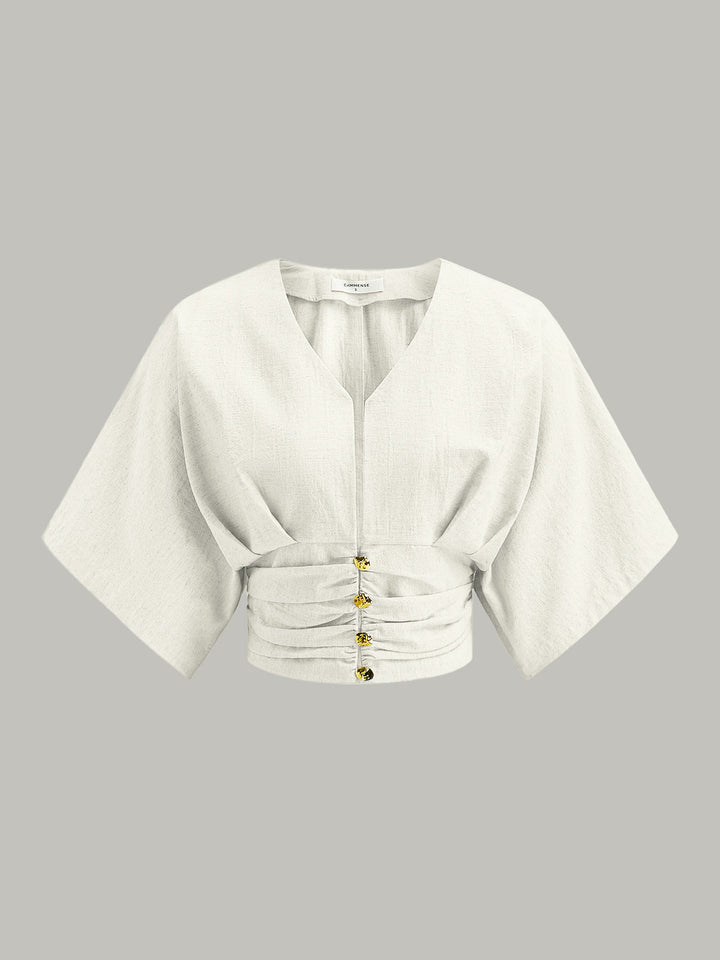Cotton & Linen Kimono Sleeve Button Top