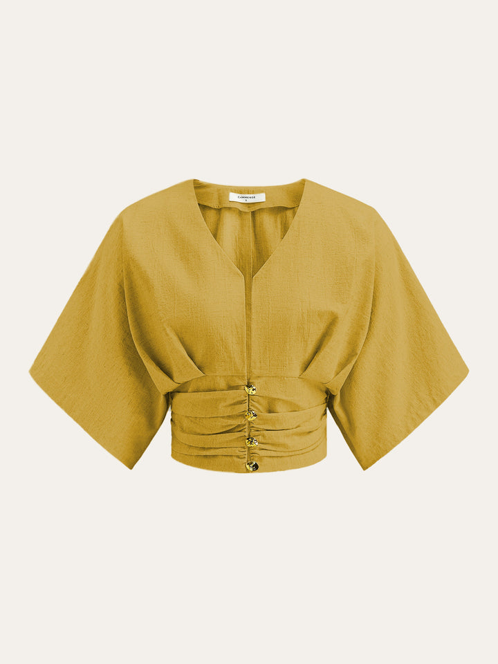 Cotton & Linen Kimono Sleeve Button Top