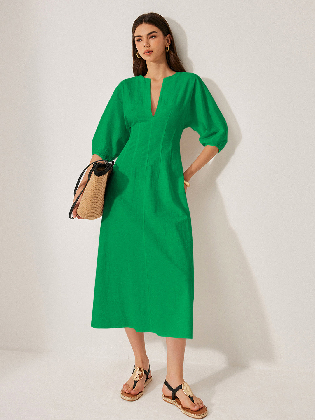 Cotton & Linen Puff Sleeve Dress Without Belt