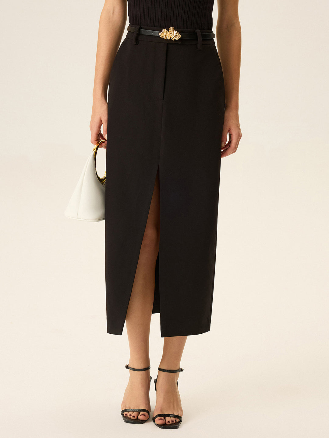 Belted Pocket Slit Midi Skirt