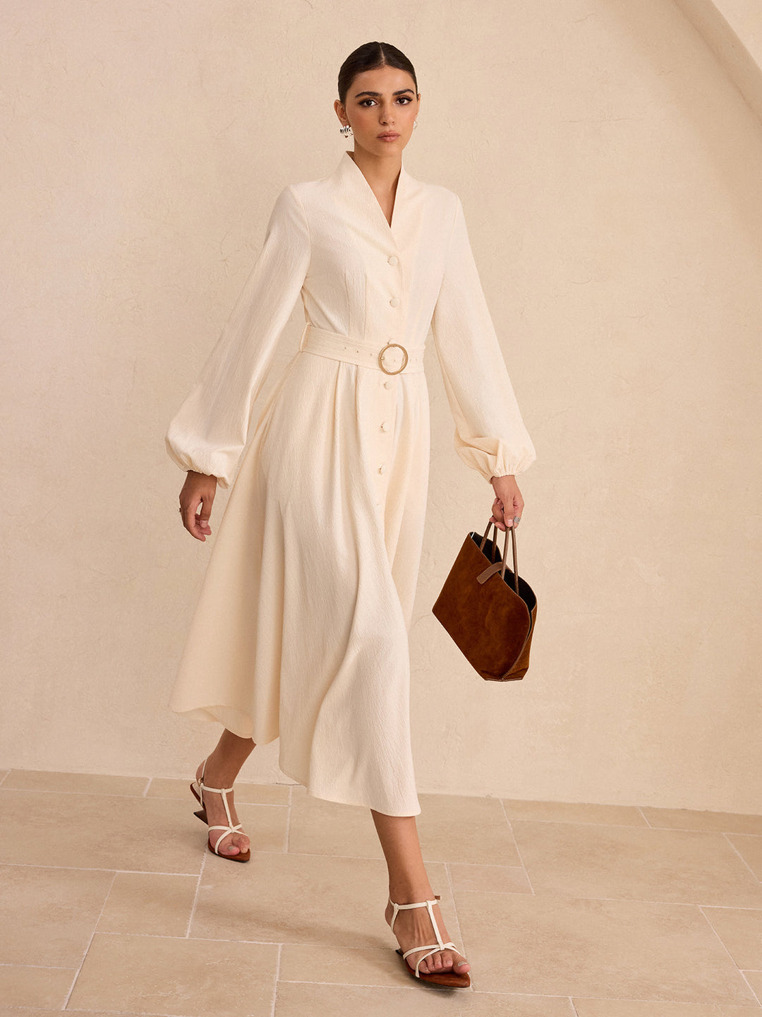 Belted Button-Front Long-Sleeve Midi Dress