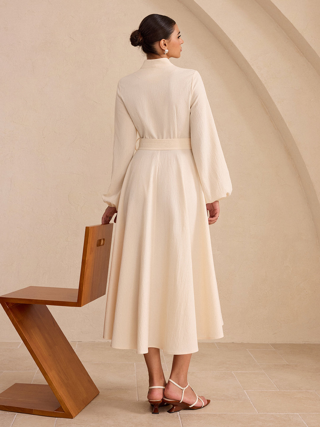 Belted Button-Front Long-Sleeve Midi Dress