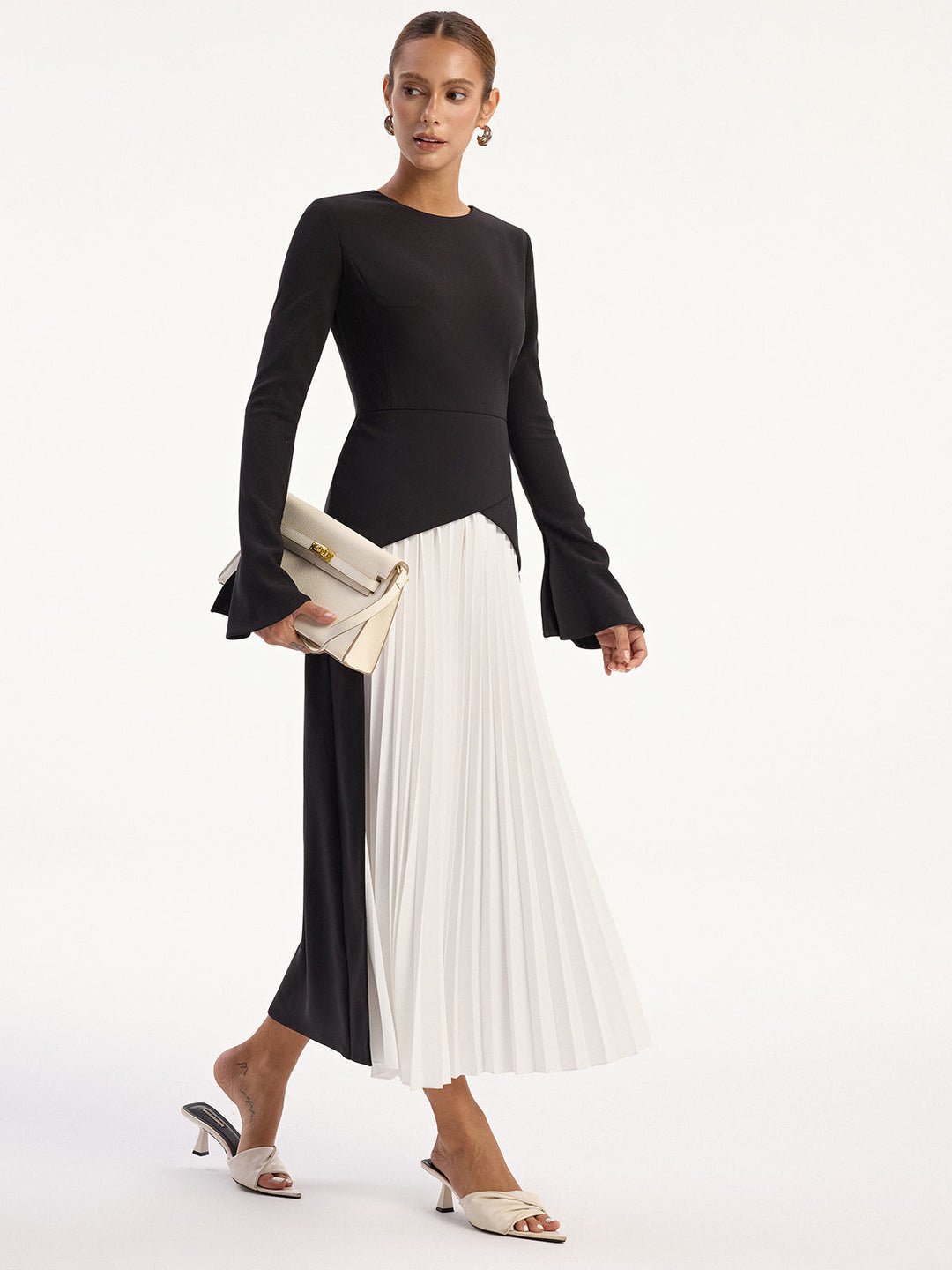 Two-Tone Long Sleeve Pleated Midi Dress