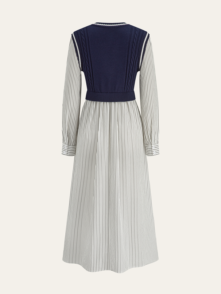 2 in 1 Cable-Knit Paneled Striped Midi Dress