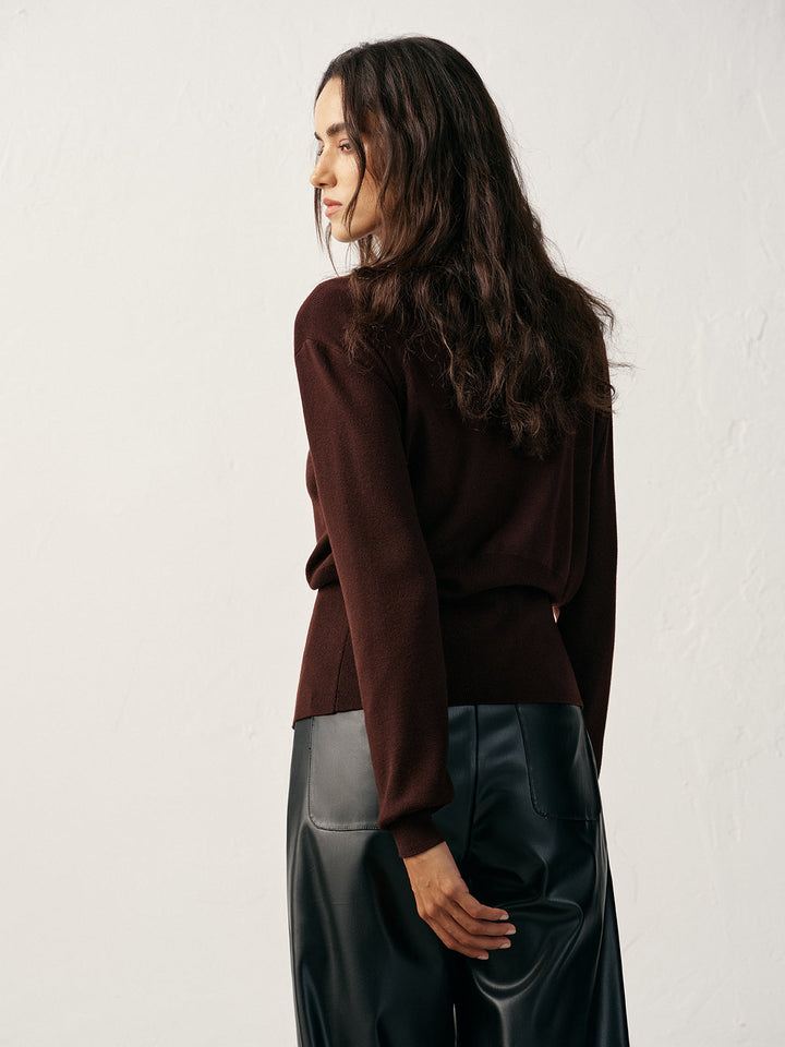 Metal Detail V-Neck Wool Blend Sweater