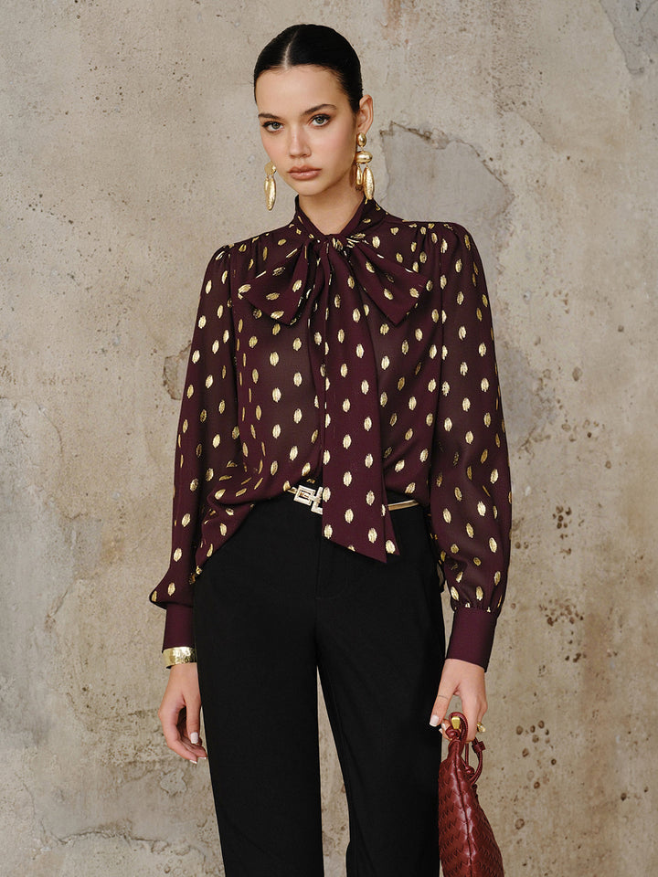 Polka Dot Bow Neckline Semi-Sheer Blouse