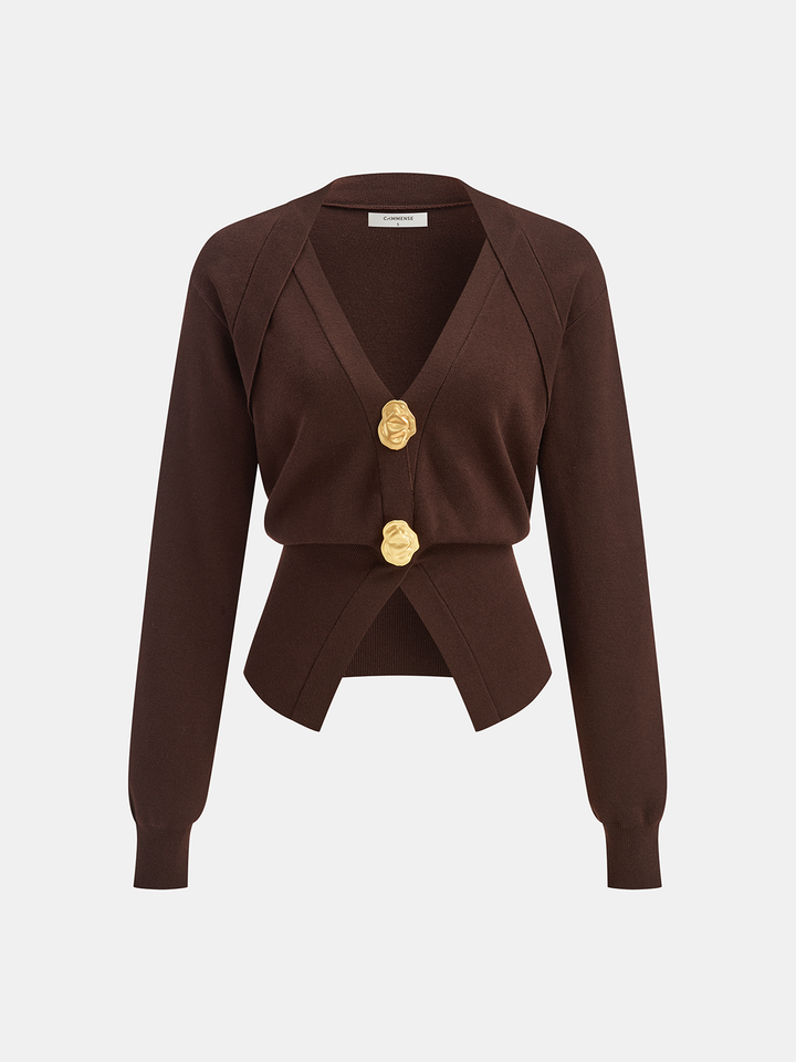 Metal Detail V-Neck Wool Blend Sweater