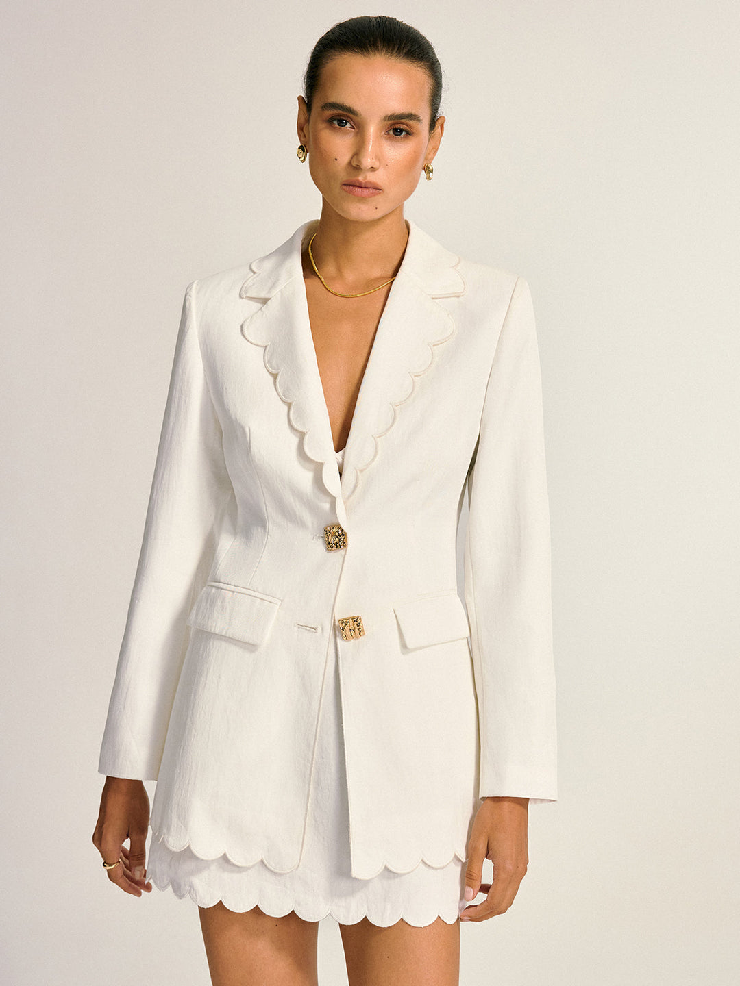 Scalloped Trim Metal Button Blazer