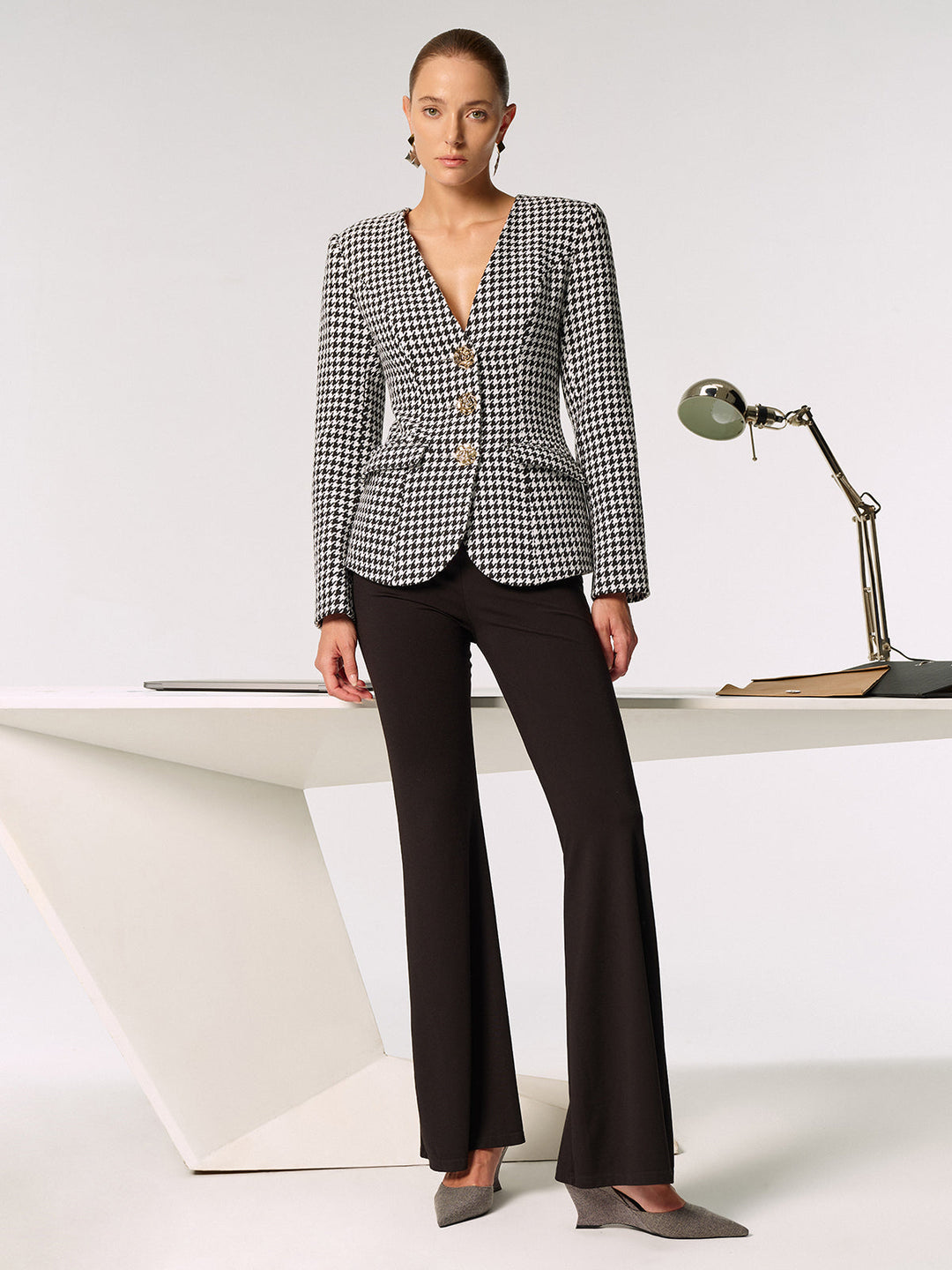 Metal Button Houndstooth Blazer