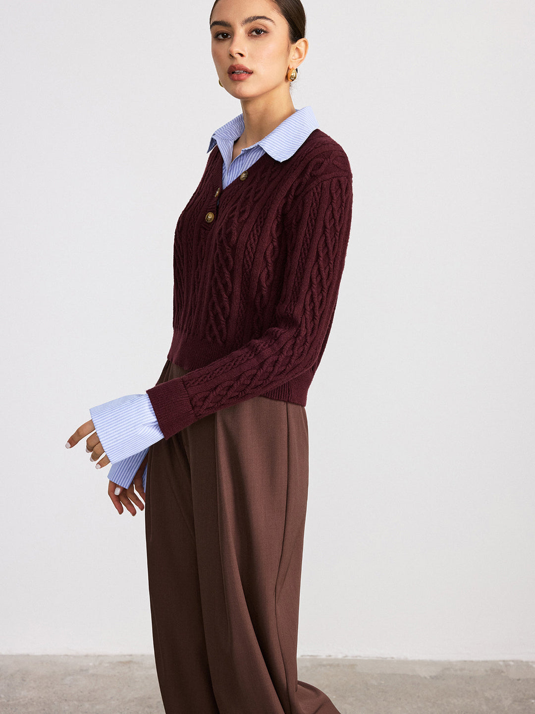 2 in 1 Striped Shirt Panel Cable Knit Top