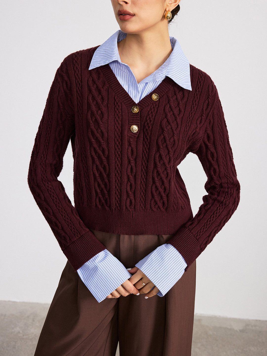 2 in 1 Striped Shirt Panel Cable Knit Top