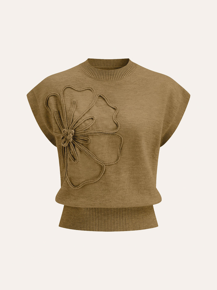 Flower Applique Cap Sleeve Knit Top