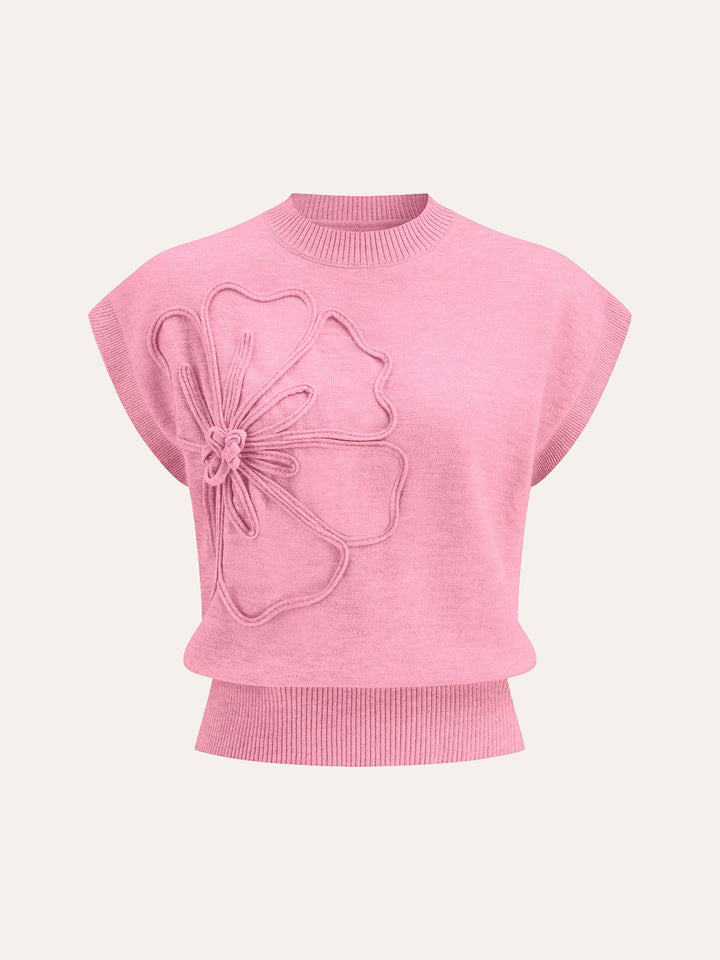 Flower Applique Cap Sleeve Knit Top