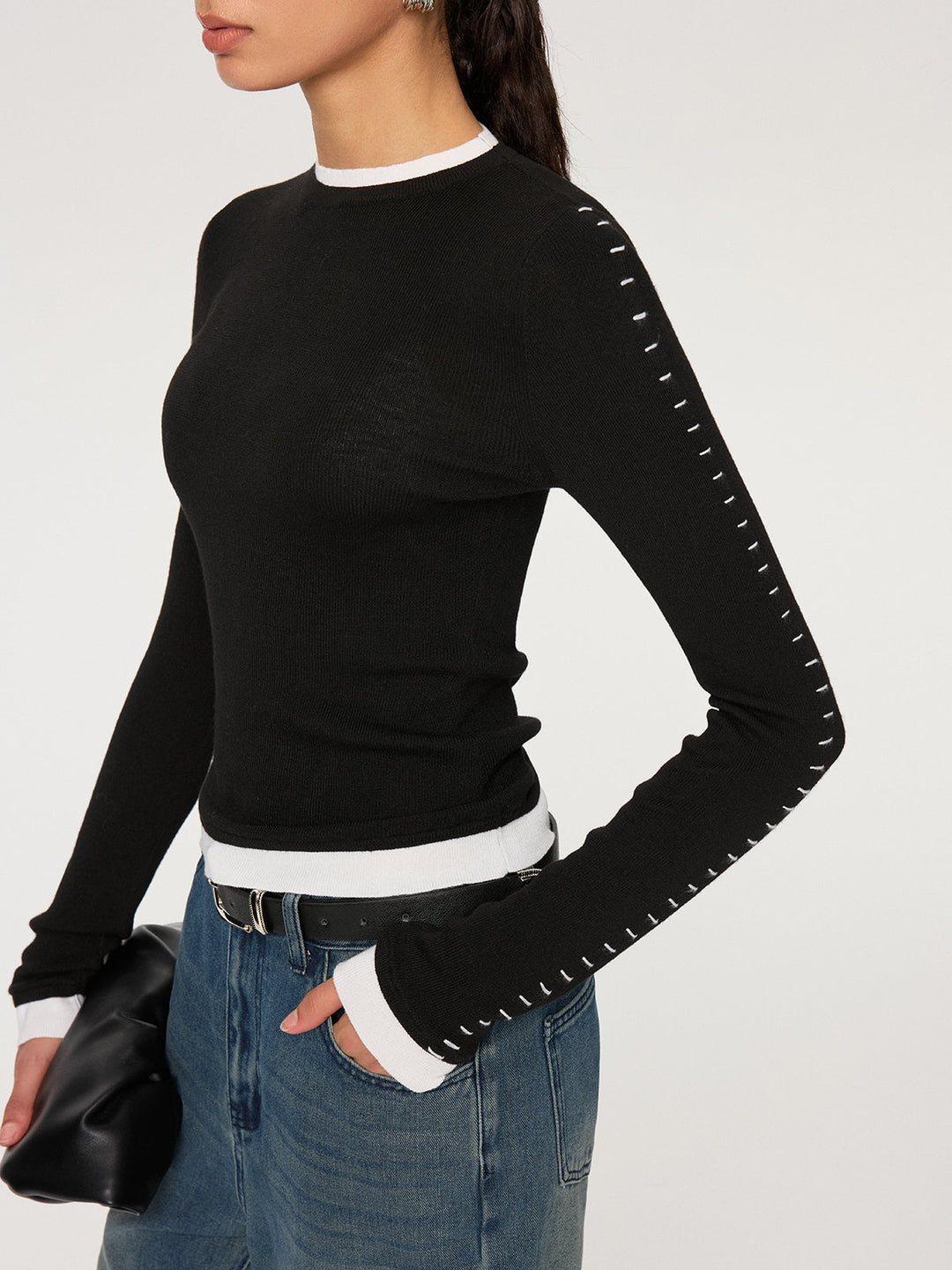 Contrast Stitch Wool-Blend Knit Top
