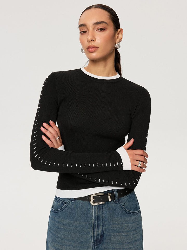 Contrast Stitch Wool-Blend Knit Top