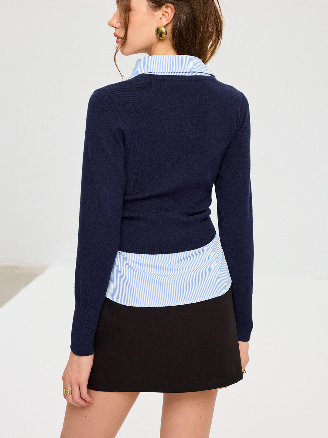 Striped Shirt Panel Metal Button Knit Top