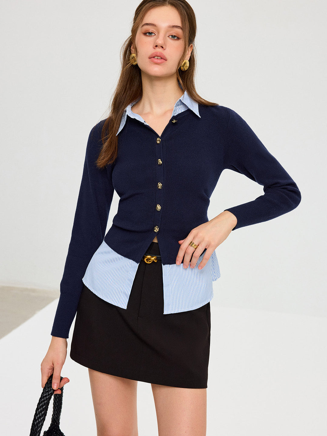 Striped Shirt Panel Metal Button Knit Top