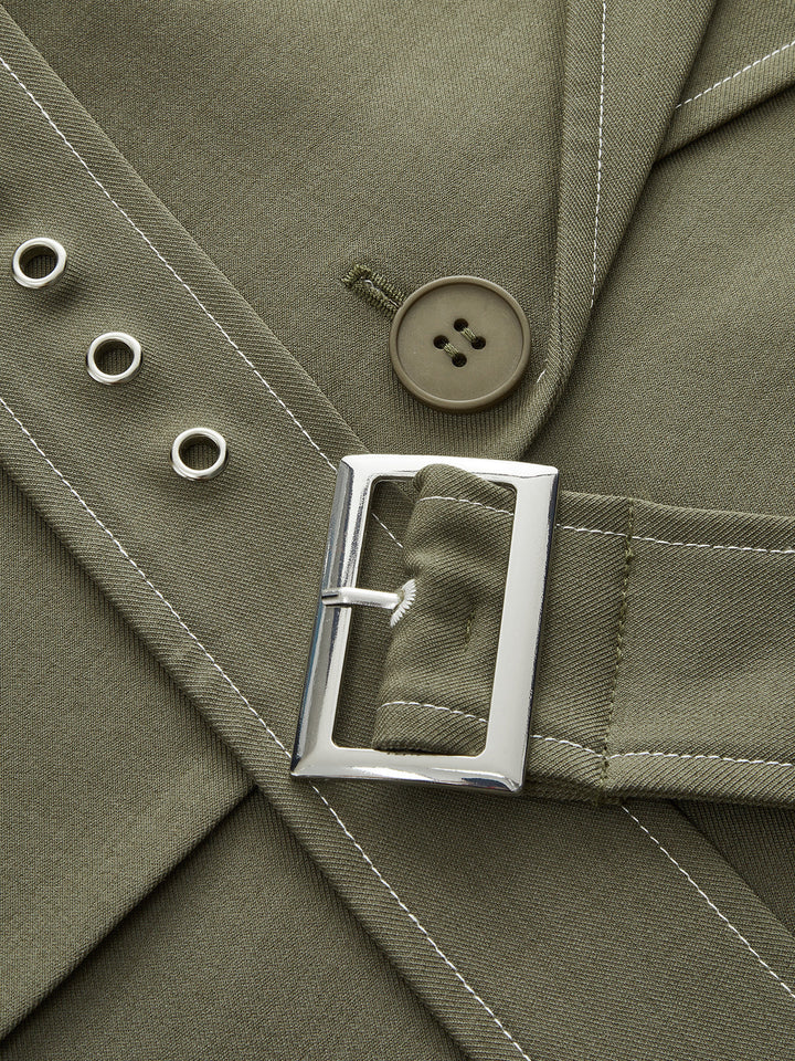 Contrast-Stitch Belted Casual Blazer