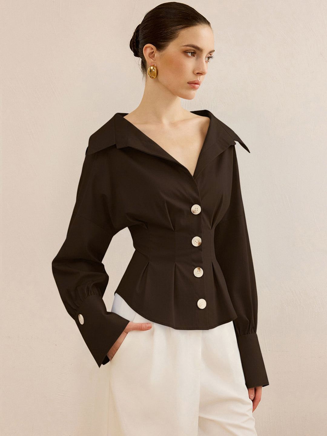 Striped Collared Shirt with Waist-Cinching Design