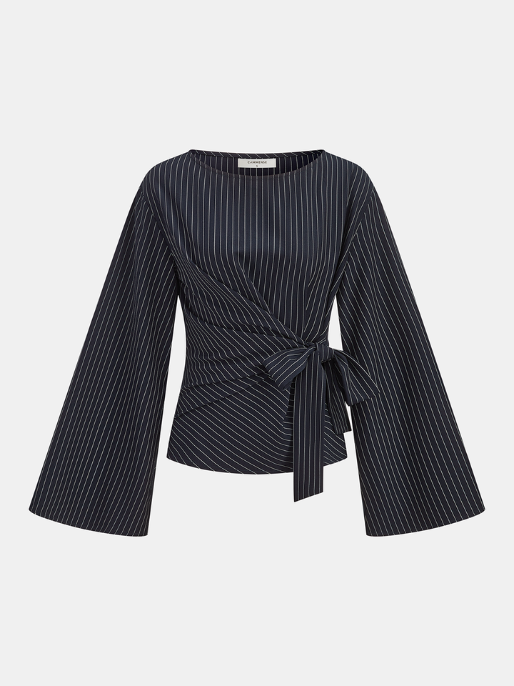 Flared Sleeve Pinstripe Wrap Blouse