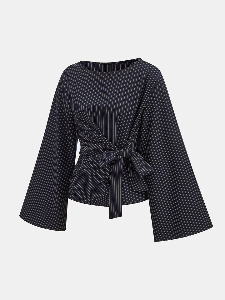 Flared Sleeve Pinstripe Wrap Blouse