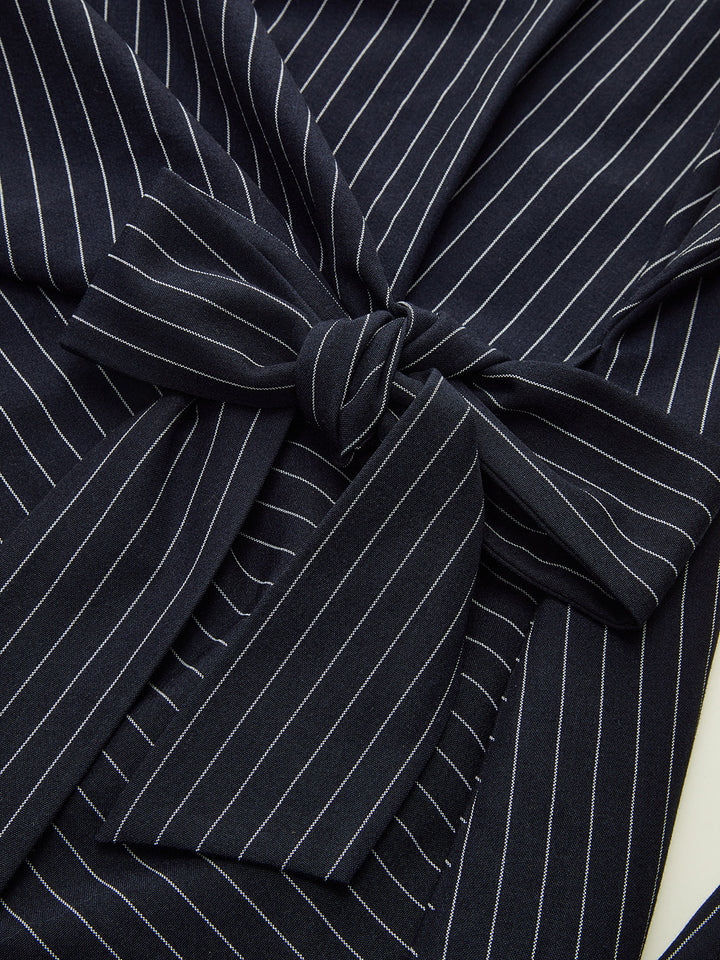 Flared Sleeve Pinstripe Wrap Blouse