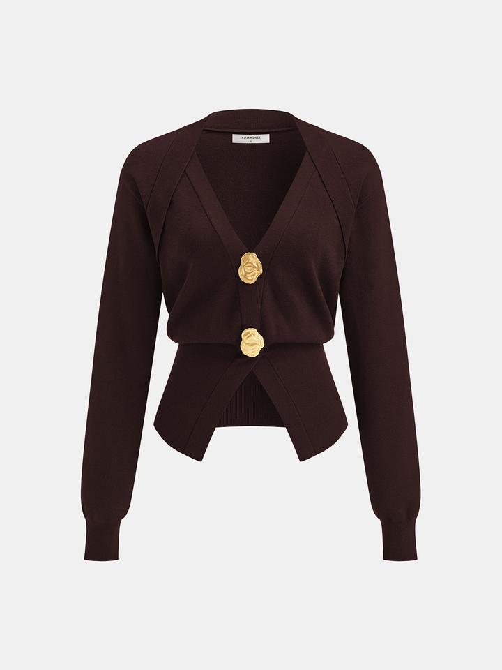 Metal Detail V-Neck Wool Blend Sweater