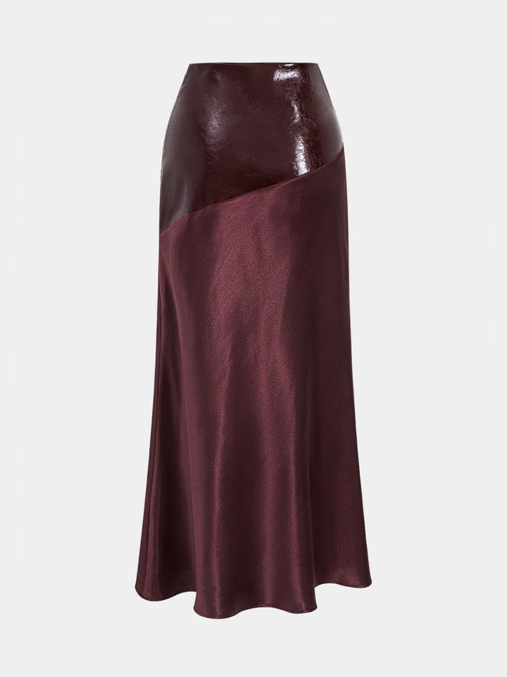 Faux Leather Panel Asymmetric Satin Maxi Skirt