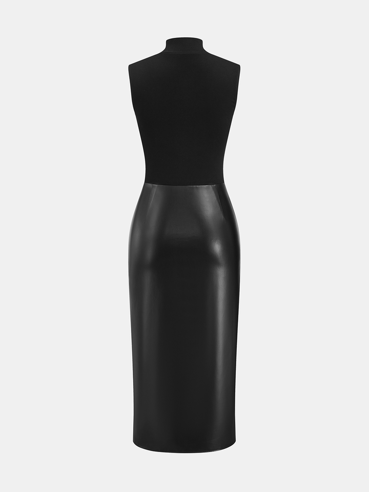 Faux Leather Panel Mock Neck Sleeveless Dress