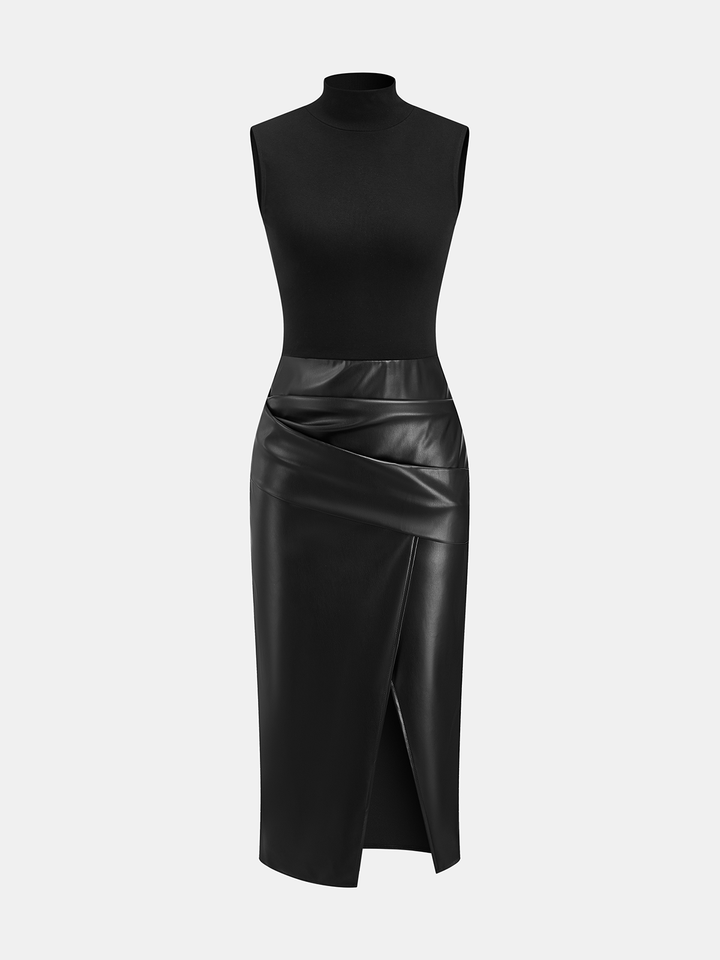 Faux Leather Panel Mock Neck Sleeveless Dress