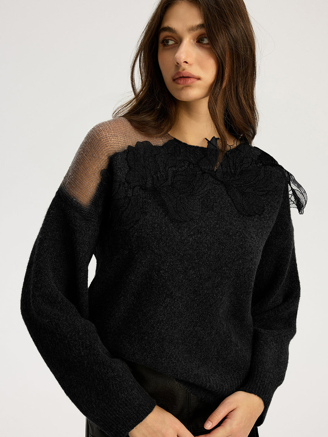 Floral lace Sweater Semi Sheer Round Neck Sweater
