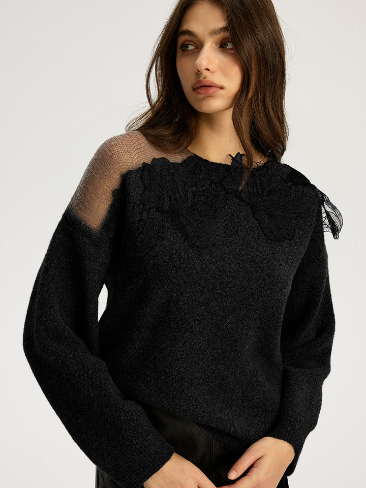 Floral lace Sweater Semi Sheer Round Neck Sweater