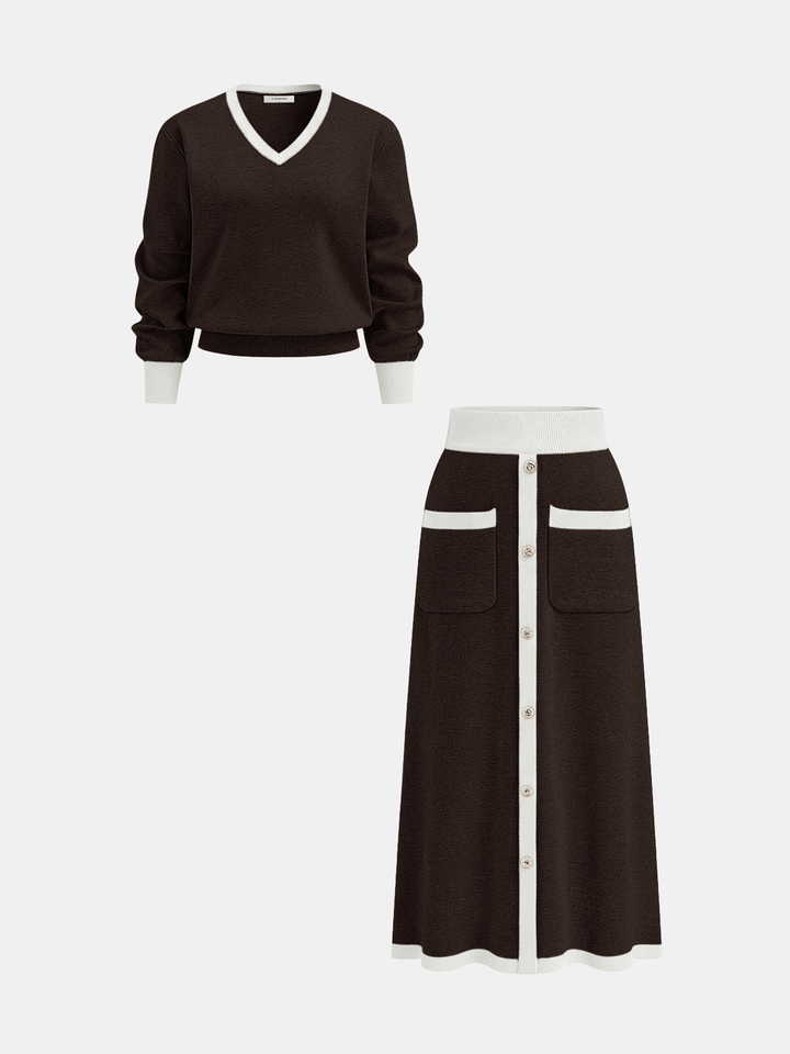 Contrast Trim Knit Top and Midi Skirt Set