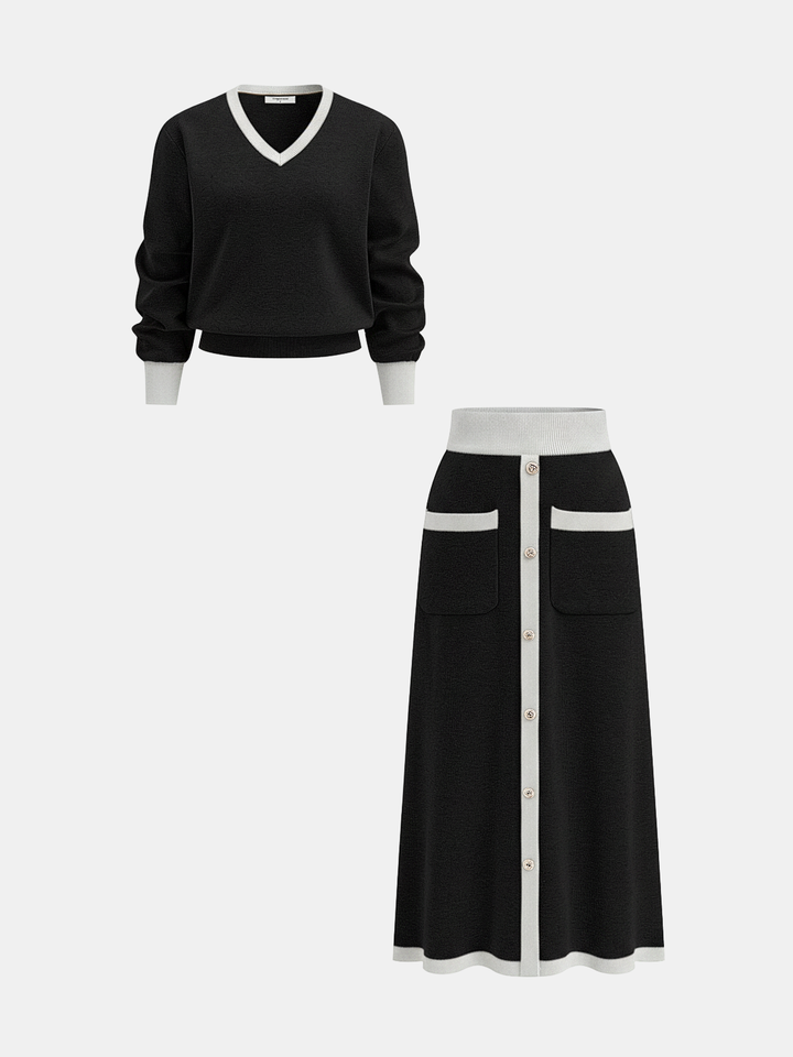 Contrast Trim Knit Top and Midi Skirt Set