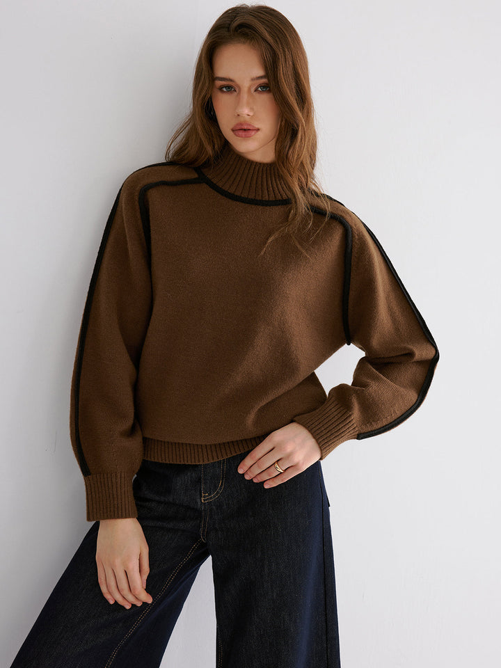 Knit Contrast Binding High Neck Sweater