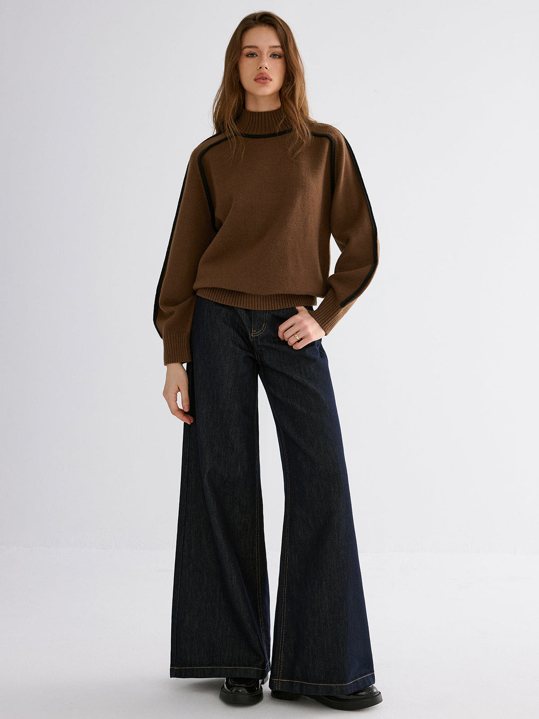 Knit Contrast Binding High Neck Sweater