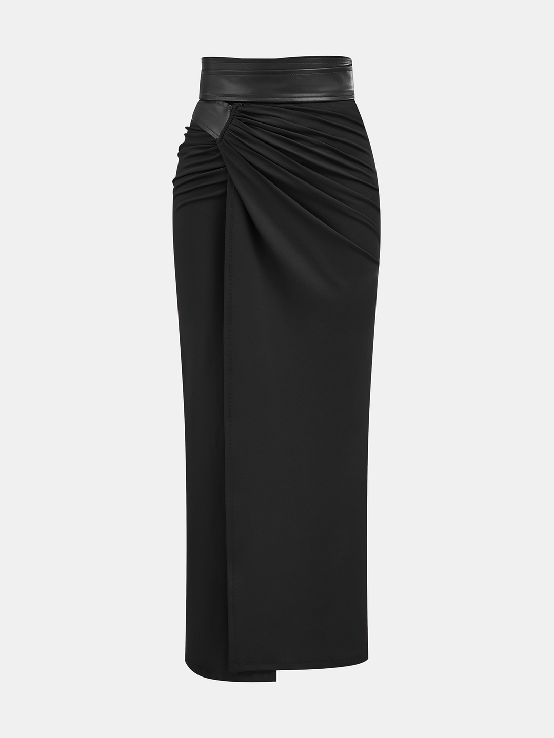 Faux Leather Panel Ruched Midi Skirt