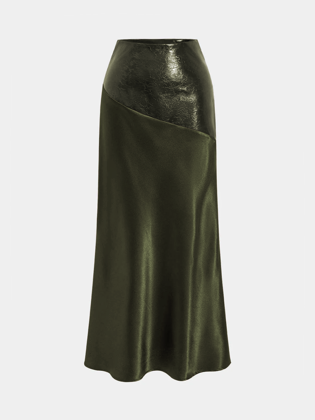 Faux Leather Panel Asymmetric Satin Maxi Skirt