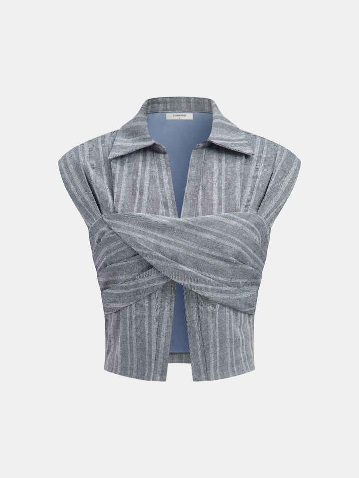Linen Blend Cropped Blouse with Cross Wrap Detail