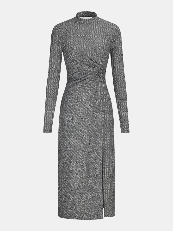 Mock Neck Twisted Side Slit Midi Dress