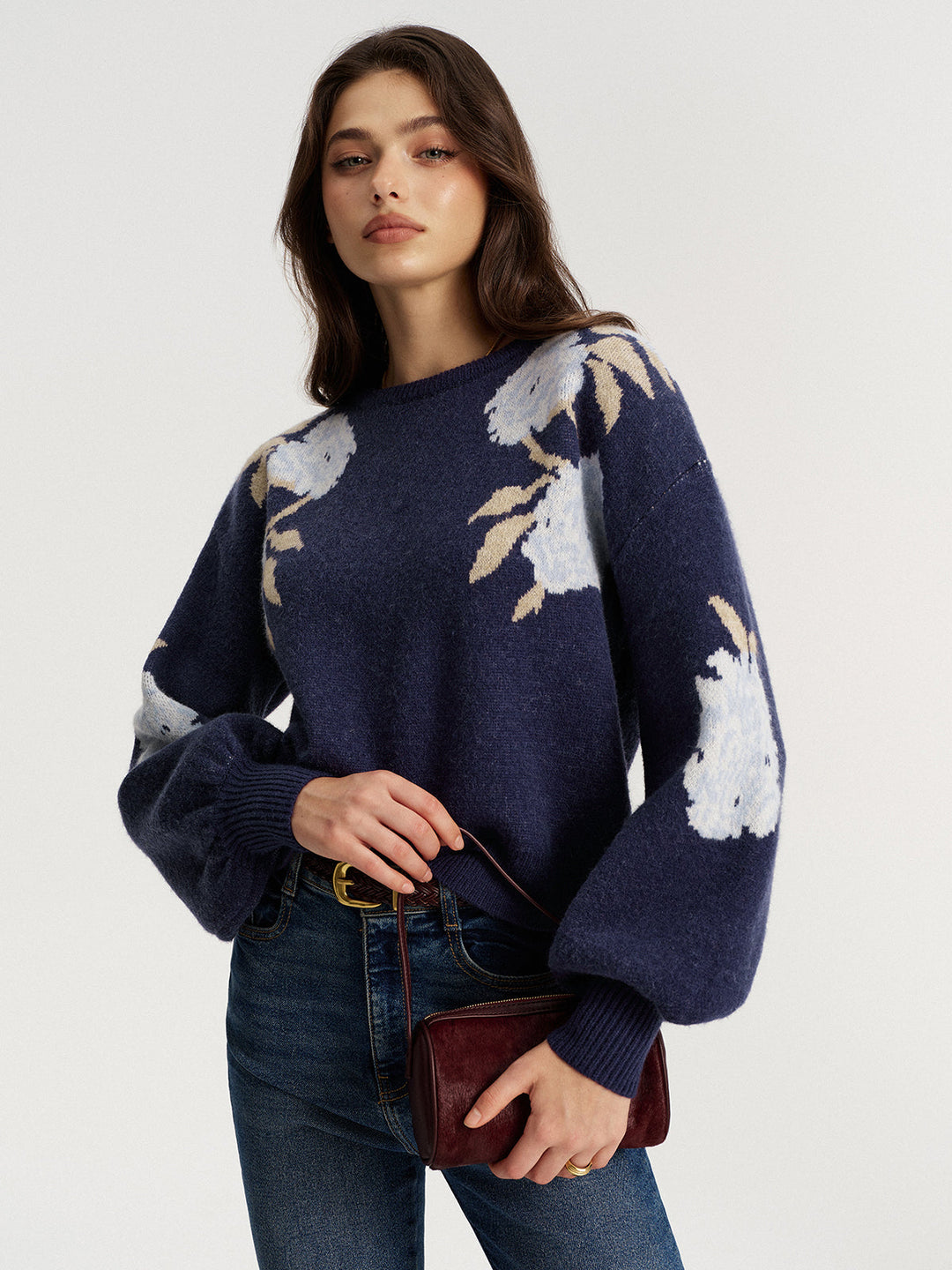 Floral Jacquard Balloon Sleeve Knit Top