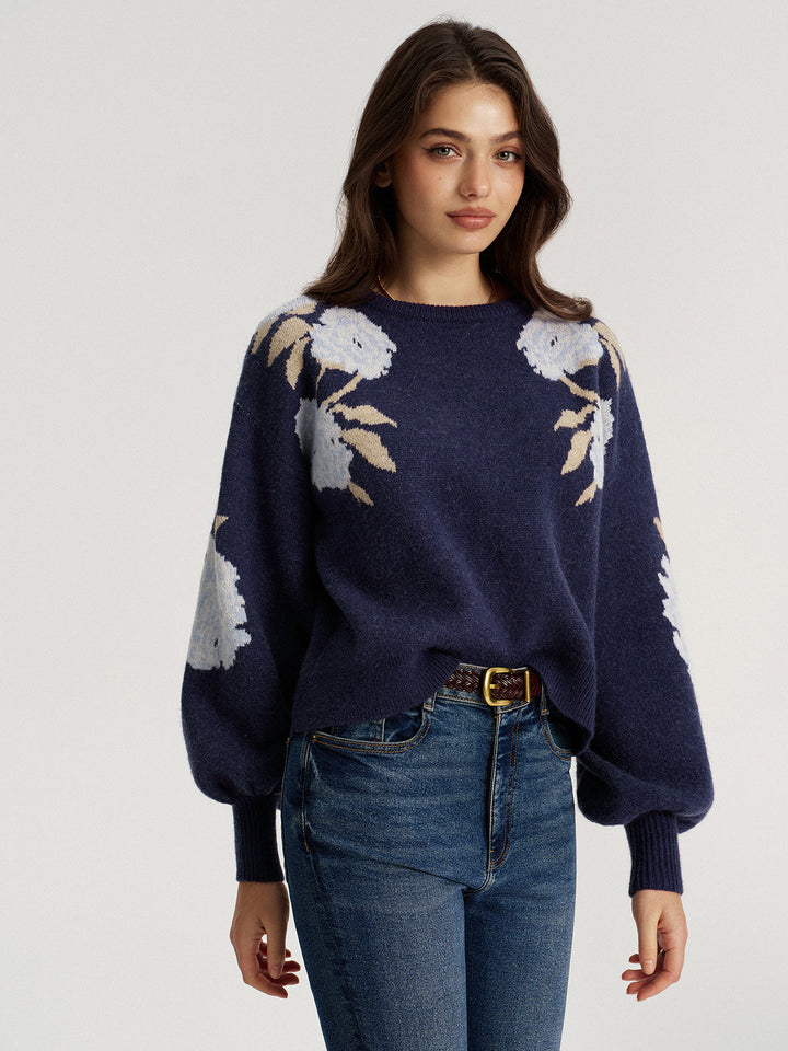 Floral Jacquard Balloon Sleeve Knit Top