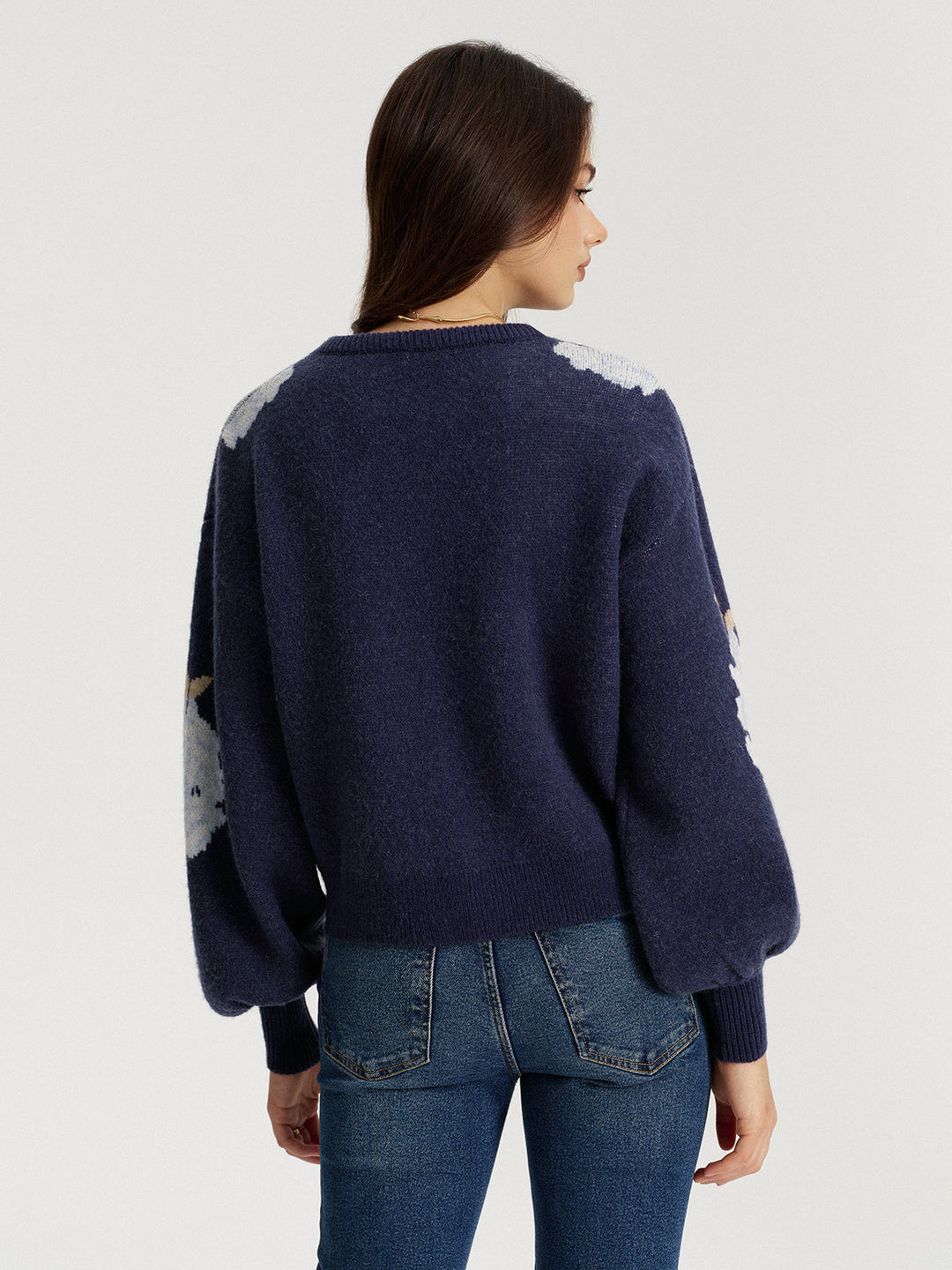 Floral Jacquard Balloon Sleeve Knit Top