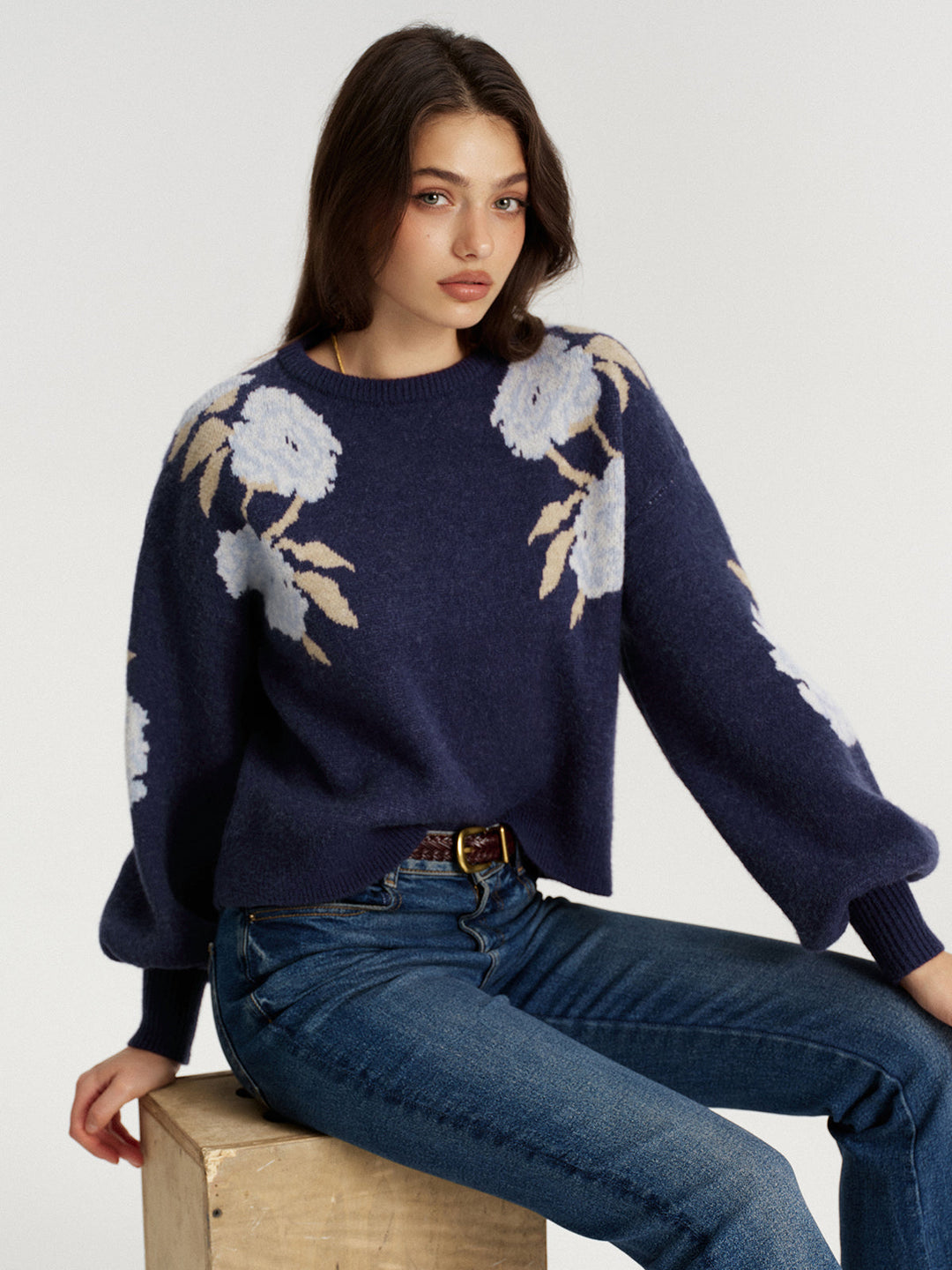 Floral Jacquard Balloon Sleeve Knit Top